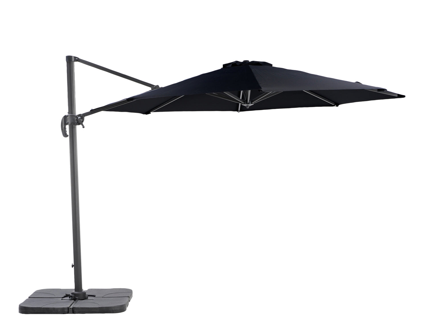 Kuvassa musta 330 cm sivuvarjo. Maksullisena lisävarusteena varjoon on saatavana varren ristikon päälle asennettava kuvan 4 x 25 kg painosarja.