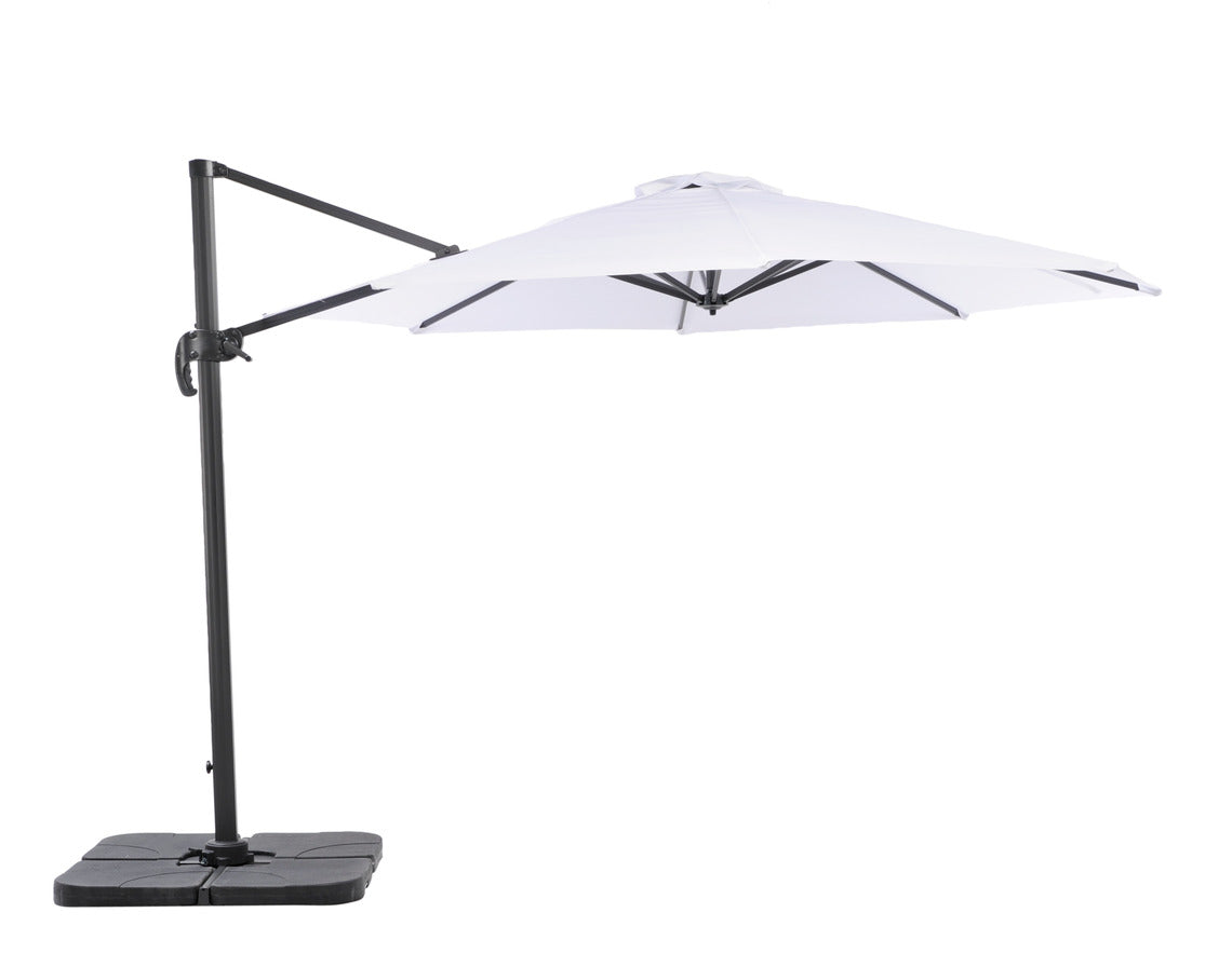 Maksullisena lisävarusteena varjoon on saatavana varren ristikon päälle asennettava kuvan 4 x 25 kg painosarja.