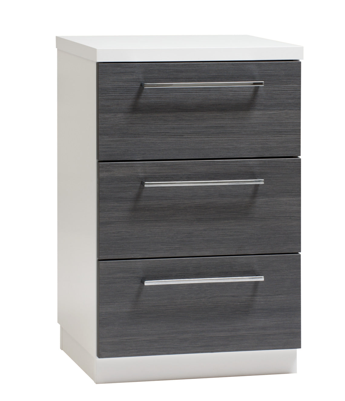 Matala Usva-lipasto valkoisella sokkelilla. Usva-mallisto on tyylikkään valkoharmaa kalustesarja.