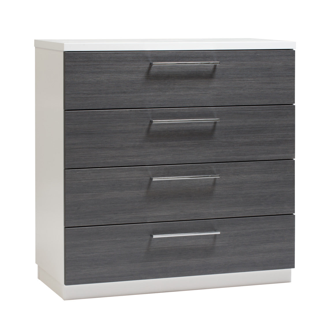 Korkea Usva-lipasto valkoisella sokkelilla. Usva-mallisto on tyylikkään valkoharmaa kalustesarja.