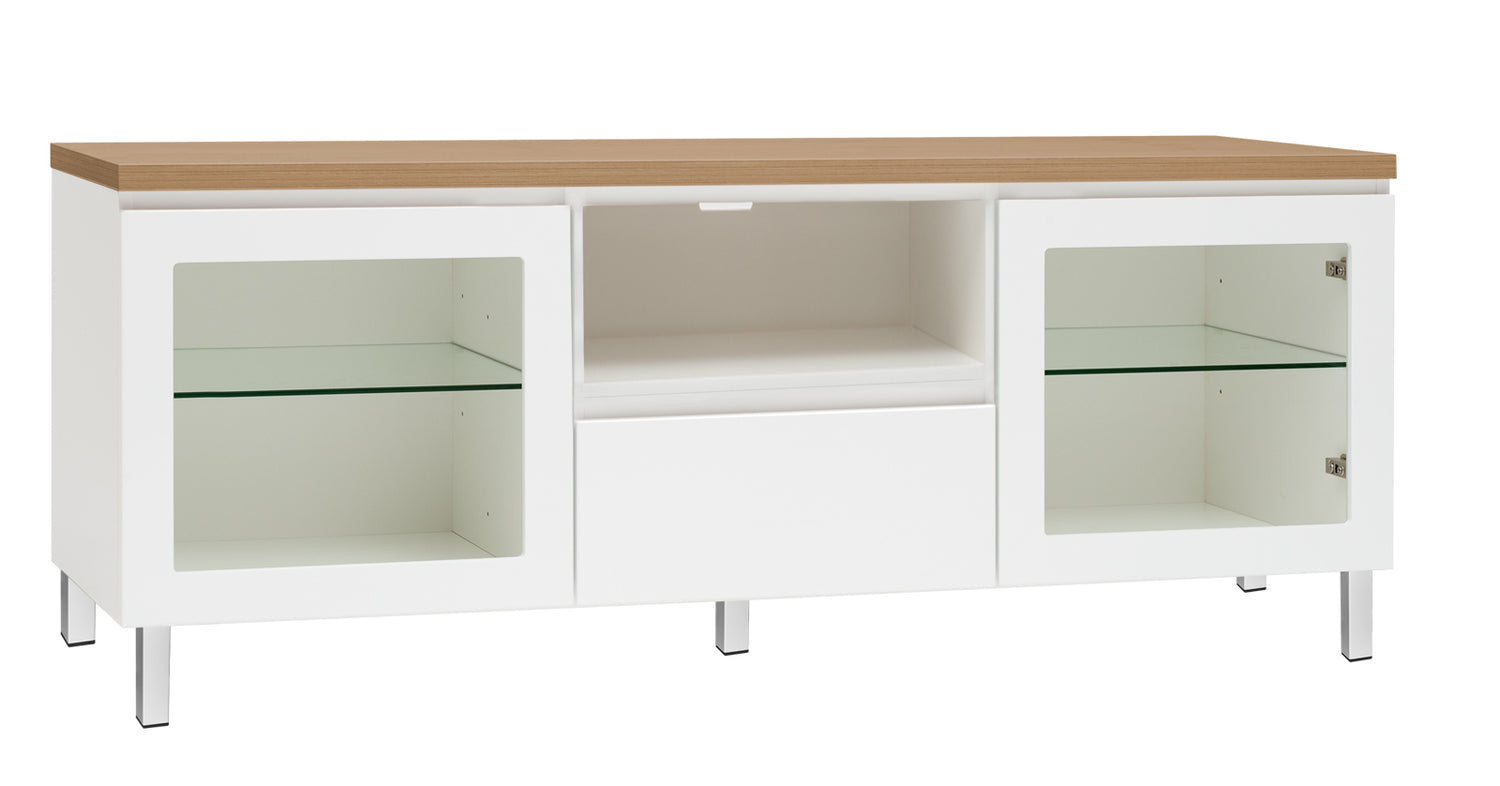 Kuvassa on 137 cm leveä valkoinen Viiva-sarjan tv-taso tammenvärisellä kannella ja valkoisilla metallijaloilla.