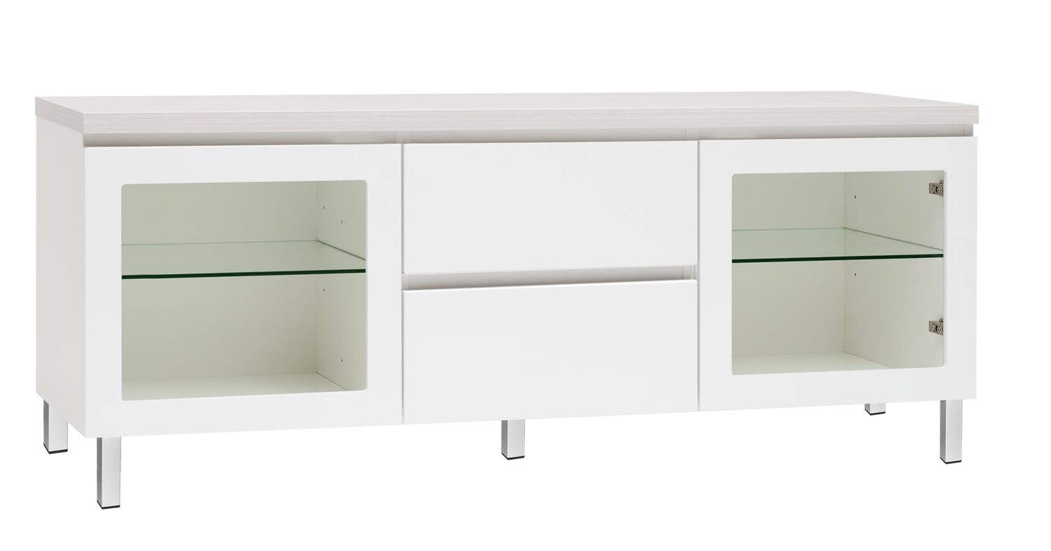 Kuvassa on 137 cm leveä valkoinen Viiva-sarjan tv-taso valkosaarninvärisellä kannella ja valkoisilla metallijaloilla.