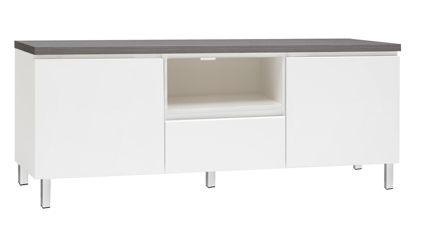 Kuvassa on 137 cm leveä valkoinen Viiva-Sarjan tv-taso antrasiitinvärisellä kannella ja valkoisilla metallijaloilla.