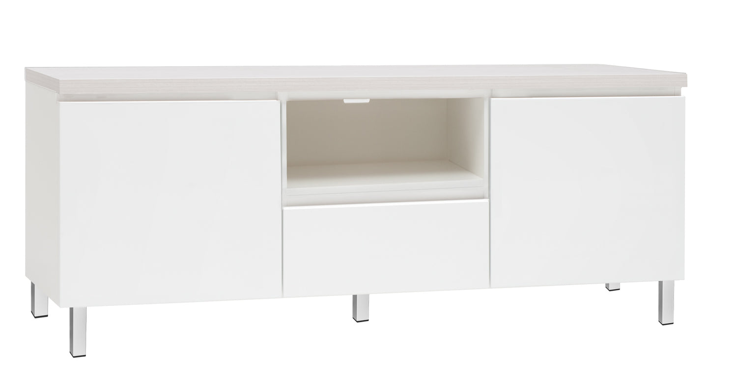 Kuvassa on 137 cm leveä valkoinen Viiva-Sarjan tv-taso valkosaarninvärisellä kannella ja valkoisilla metallijaloilla.