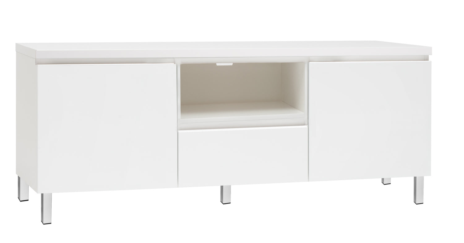 Kuvassa on 137 cm leveä kokovalkoinen Viiva-sarjan tv-taso valkoisilla metallijaloilla.