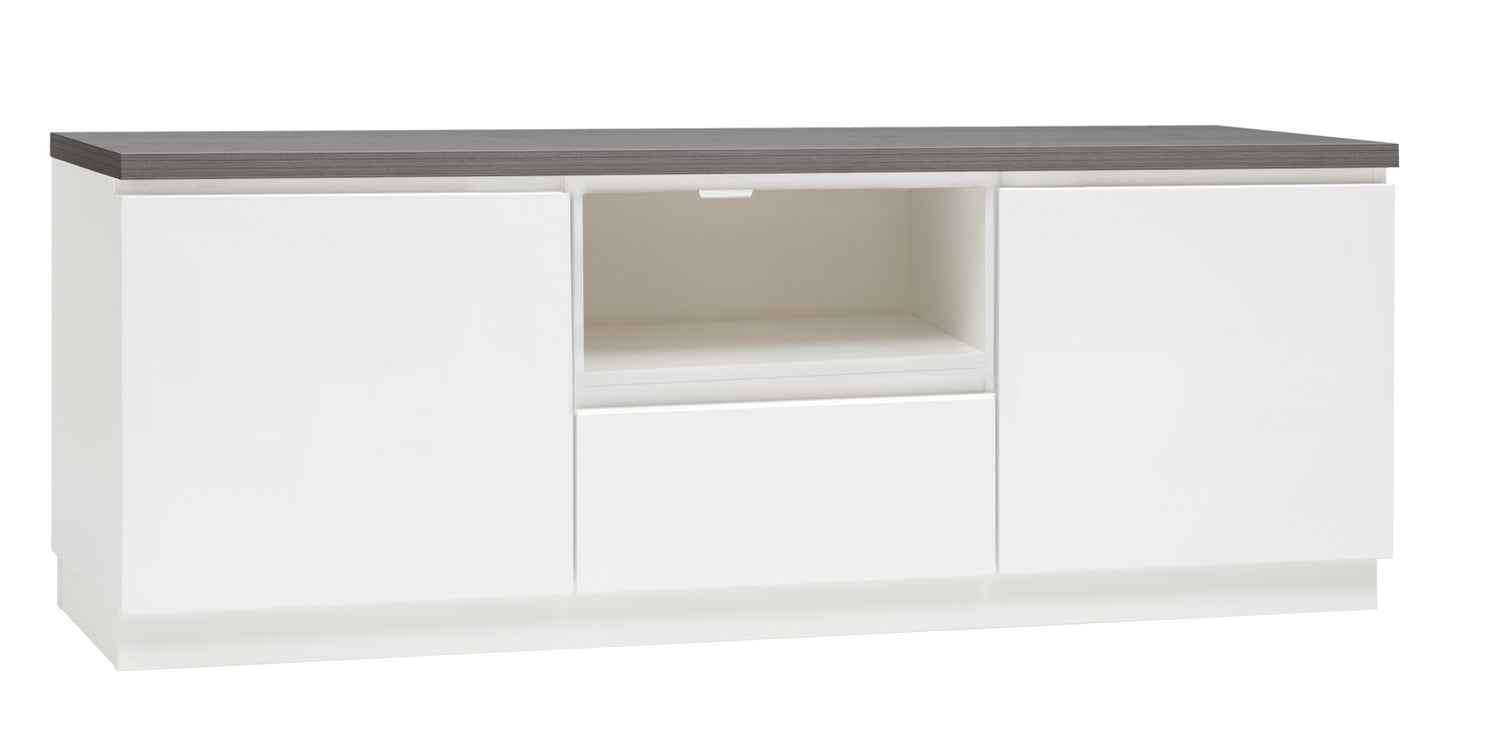 Kuvassa on 137 cm leveä valkoinen Viiva-Sarjan tv-taso antrasiitinvärisellä kannella ja valkoisella jalkasokkelilla.