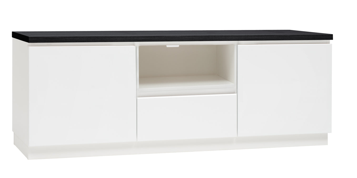 Kuvassa on 137 cm leveä valkoinen Viiva-sarjan tv-taso mustalla kannella ja valkoisella jalkasokkelilla.