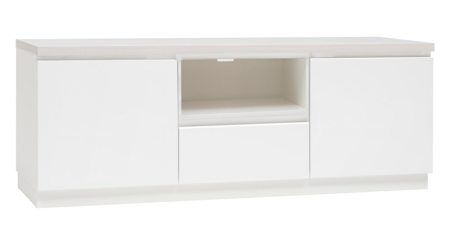 Kuvassa on 137 cm leveä valkoinen Viiva-Sarjan tv-taso valkosaarninvärisellä kannella ja valkoisella jalkasokkelilla.
