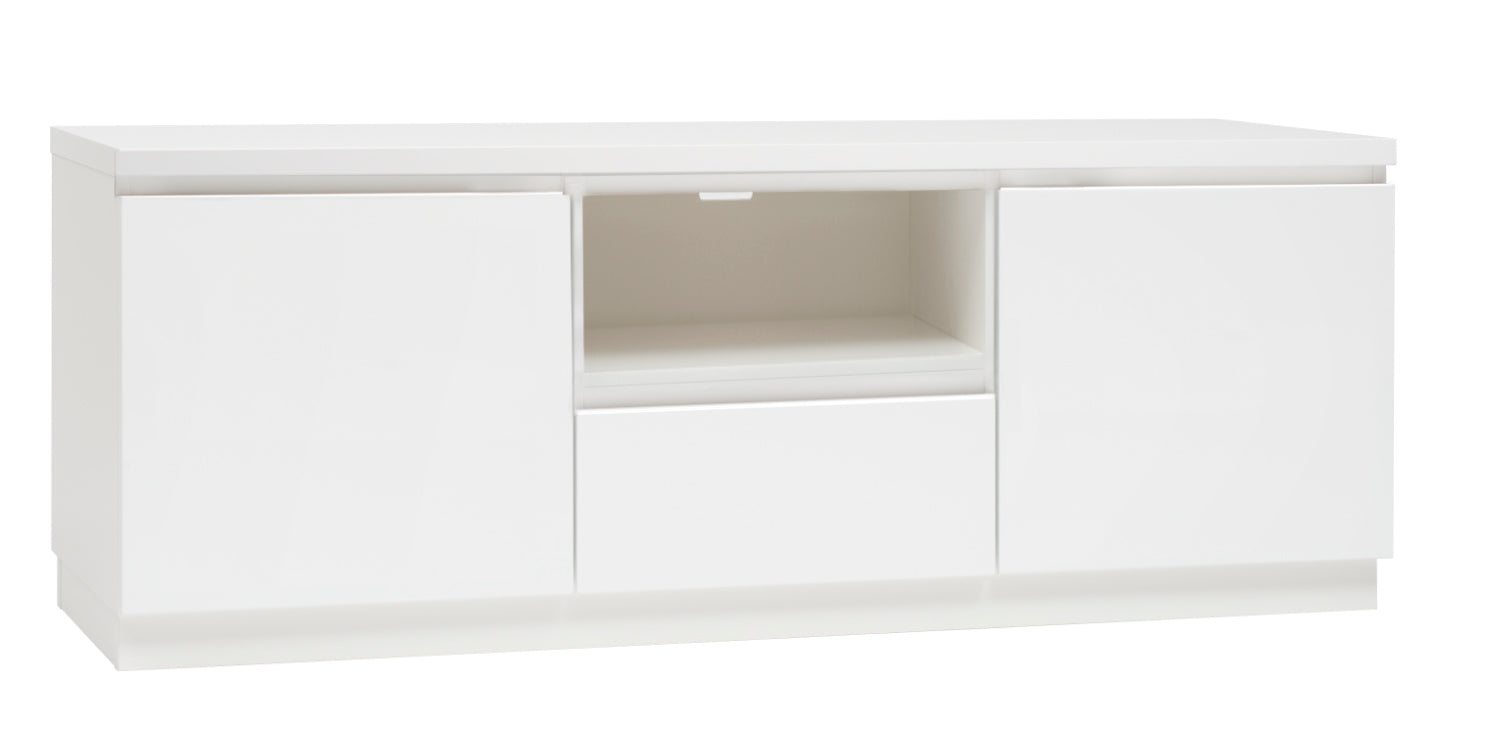 Kuvassa on 137 cm leveä kokovalkoinen Viiva-sarjan tv-taso valkoisella jalkasokkelilla.