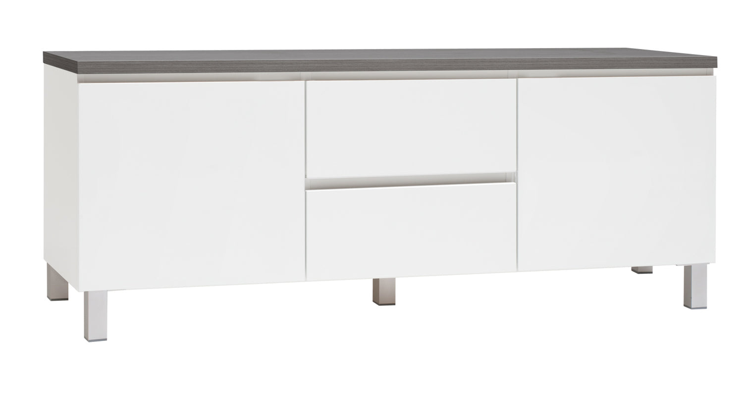 Kuvassa on 137 cm leveä valkoinen Viiva-sarjan tv-taso antrasiitinvärisellä kannella ja hopeanvärisillä alumiinijaloilla.