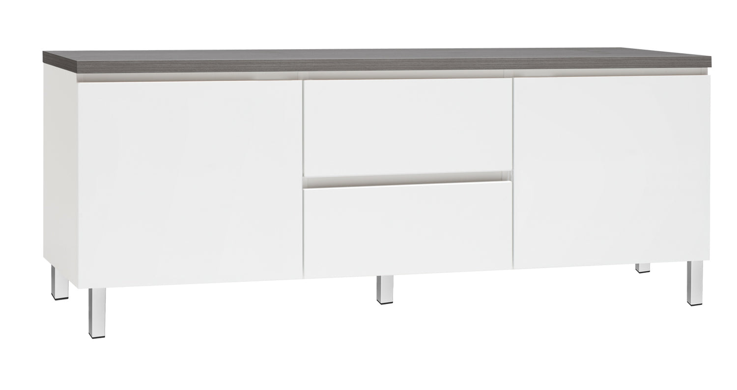 Kuvassa on 137 cm leveä valkoinen Viiva-sarjan tv-taso antrasiitinvärisellä kannella ja valkoisilla metallijaloilla.