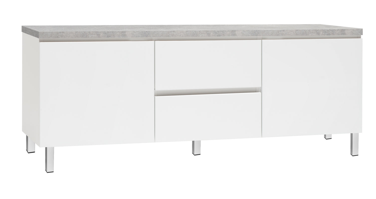 Kuvassa on 137 cm leveä valkoinen Viiva-sarjan tv-taso harmaalla betonijäljitelmän sävyisellä kannella ja valkoisilla metallijaloilla.