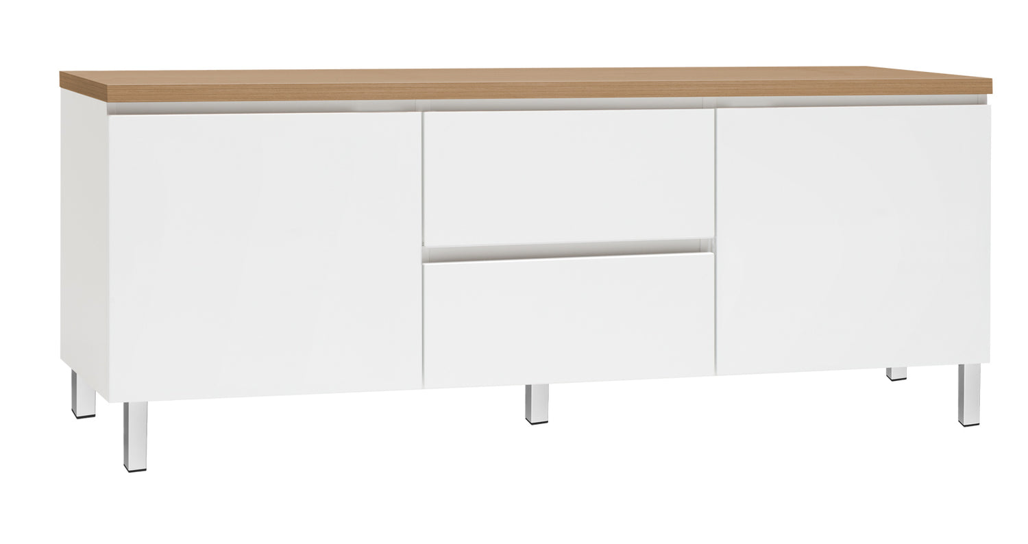 Kuvassa on 137 cm leveä valkoinen Viiva-sarjan tv-taso tammenvärisellä kannella ja valkoisilla metallijaloilla.