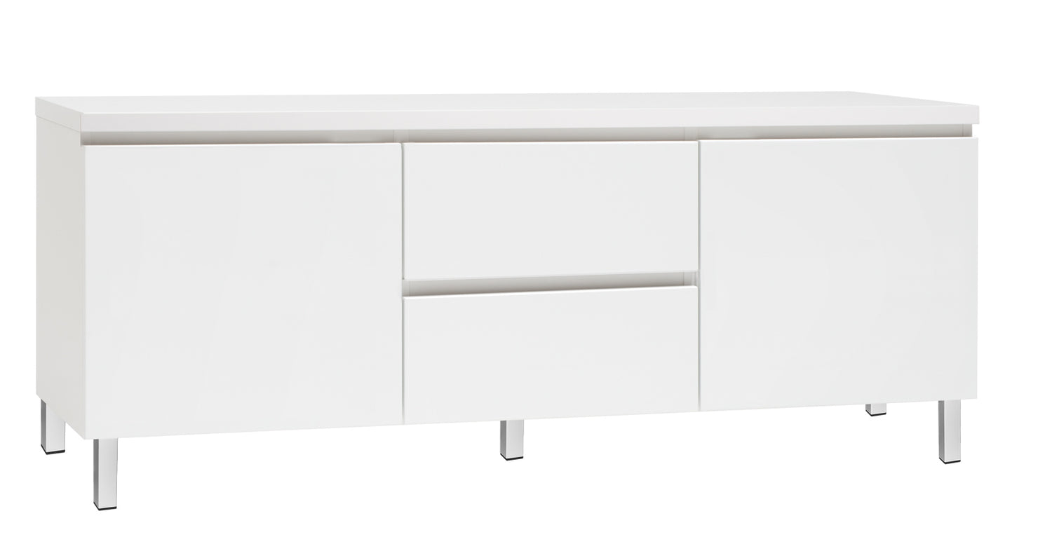 Kuvassa on 137 cm leveä kokovalkoinen Viiva-sarjan tv-taso valkoisilla metallijaloilla.