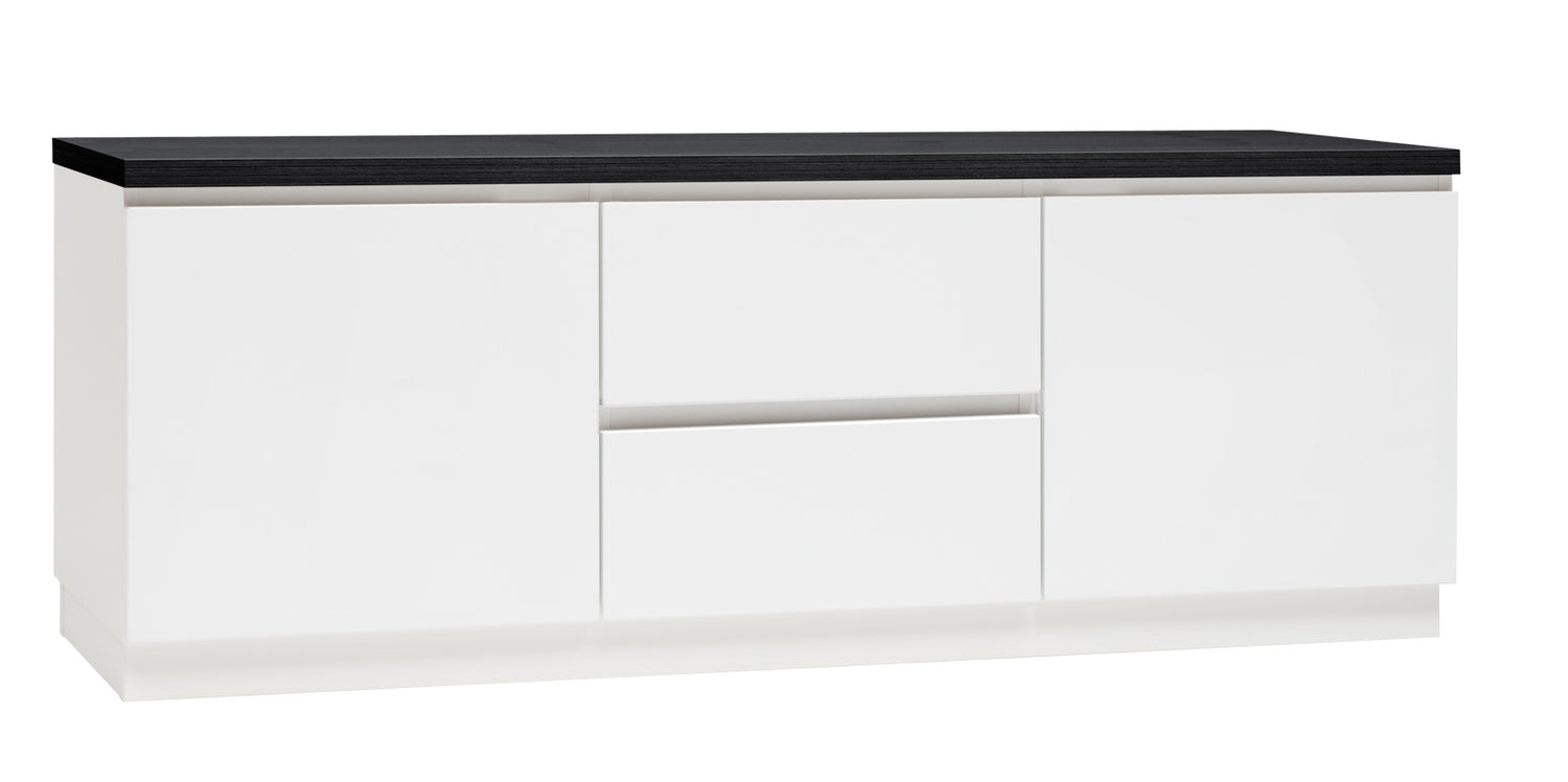 Kuvassa on 137 cm leveä valkoinen Viiva-sarjan tv-taso mustalla kannella ja valkoisella jalkasokkelilla.