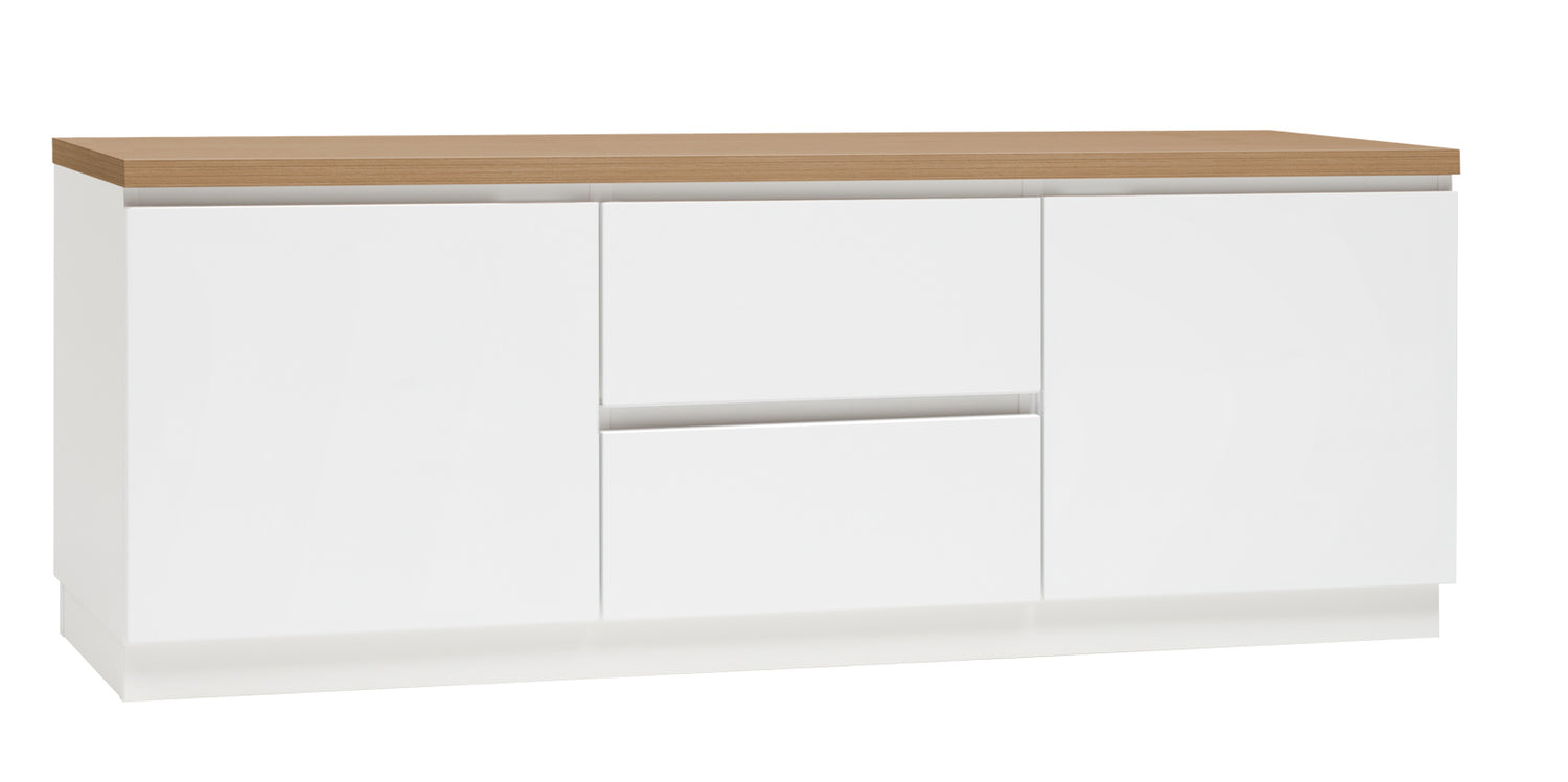 Kuvassa on 137 cm leveä valkoinen Viiva-sarjan tv-taso tammenvärisellä kannella ja valkoisella jalkasokkelilla.