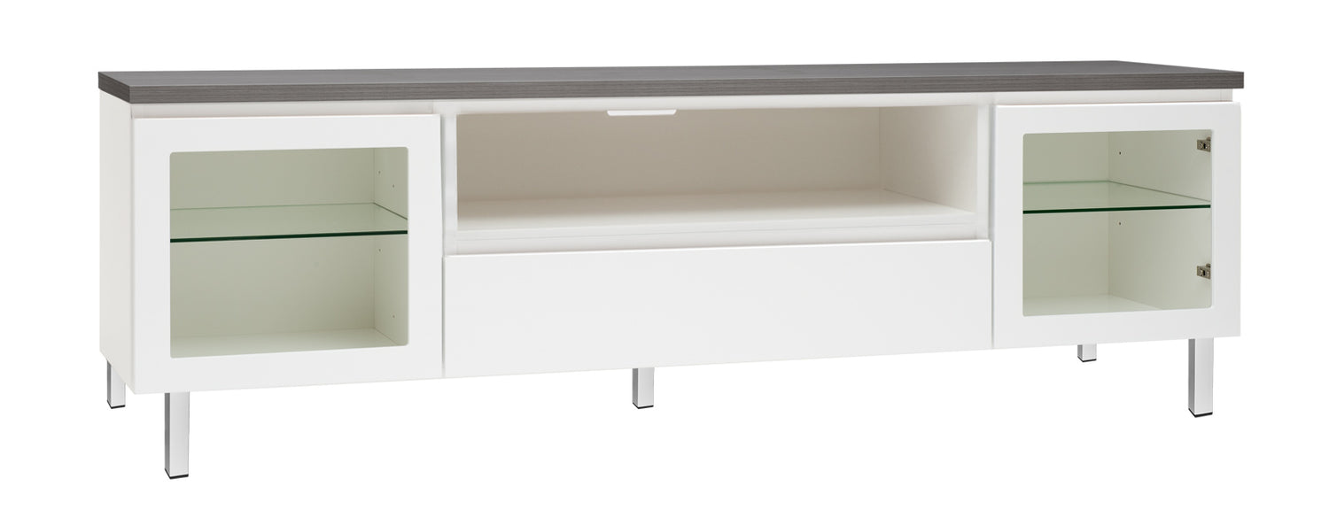 Kuvassa on 184 cm leveä valkoinen Viiva-sarjan tv-taso antrasiitinvärisellä kannella ja valkoisilla metallijaloilla.
