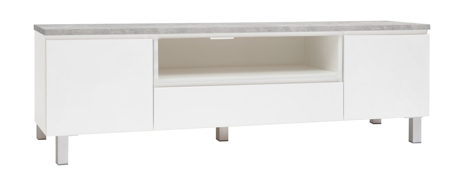 Kuvassa on 184 cm leveä valkoinen Viiva-sarjan tv-taso harmaalla betonijäljitelmän sävyisellä kannella ja hopeanvärisillä alumiinijaloilla.