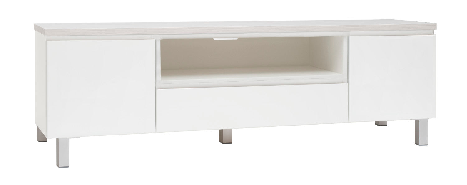 Kuvassa on 184 cm leveä valkoinen Viiva-sarjan tv-taso valkosaarninvärisellä kannella ja hopeanvärisillä alumiinijaloilla.