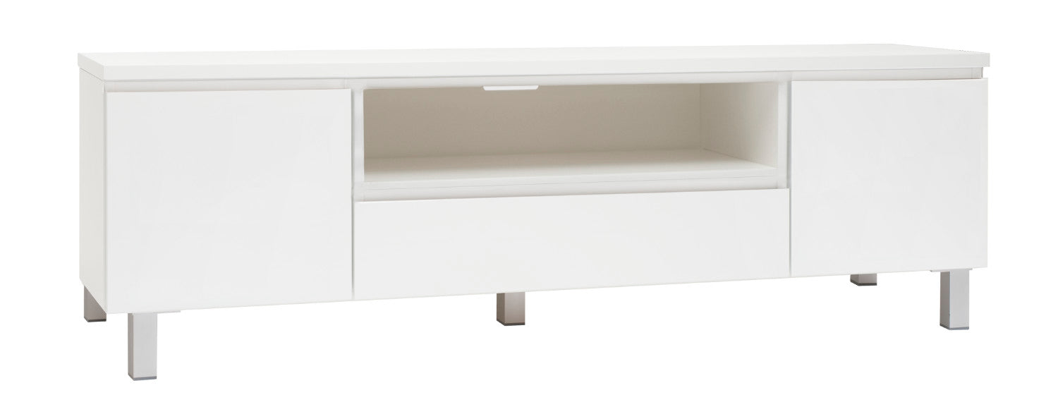Kuvassa on 184 cm leveä kokovalkoinen Viiva-sarjan tv-taso hopeanvärisillä alumiinijaloilla.