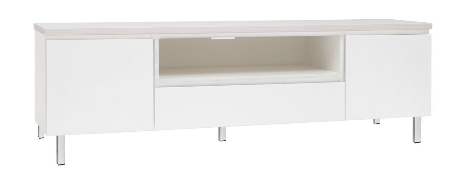 Kuvassa on 184 cm leveä valkoinen Viiva-sarjan tv-taso valkosaarninvärisellä kannella ja valkoisilla metallijaloilla.