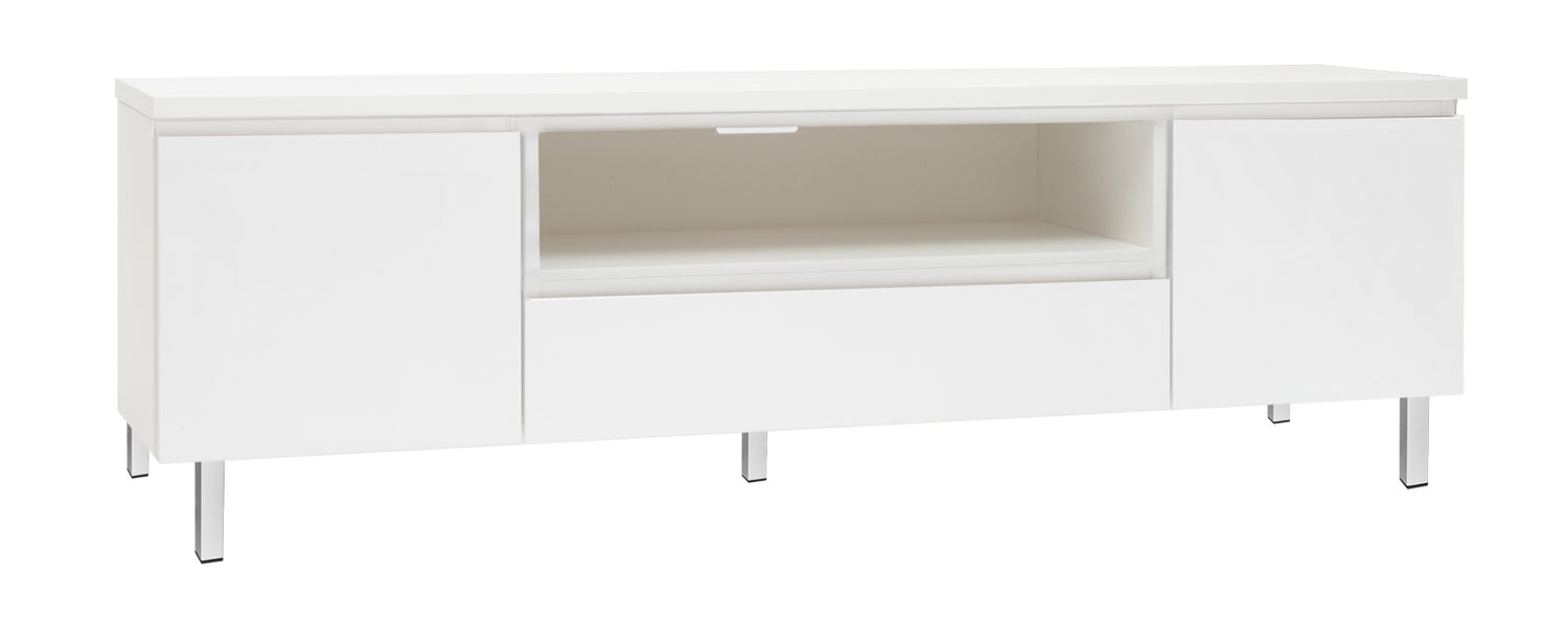 Kuvassa on 184 cm leveä kokovalkoinen Viiva-sarjan tv-taso valkoisilla metallijaloilla.