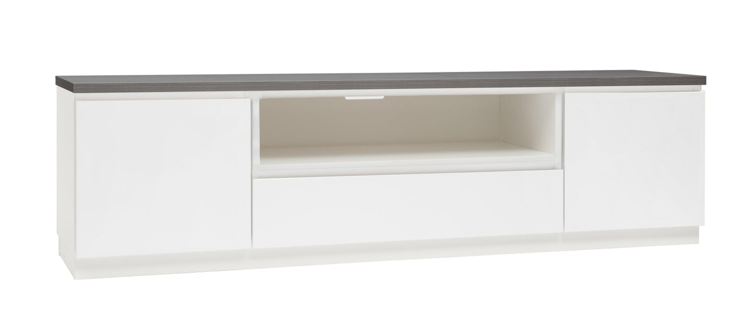 Kuvassa on 184 cm leveä valkoinen Viiva-sarjan tv-taso antrasiitinvärisellä kannella ja valkoisella jalkasokkelilla.