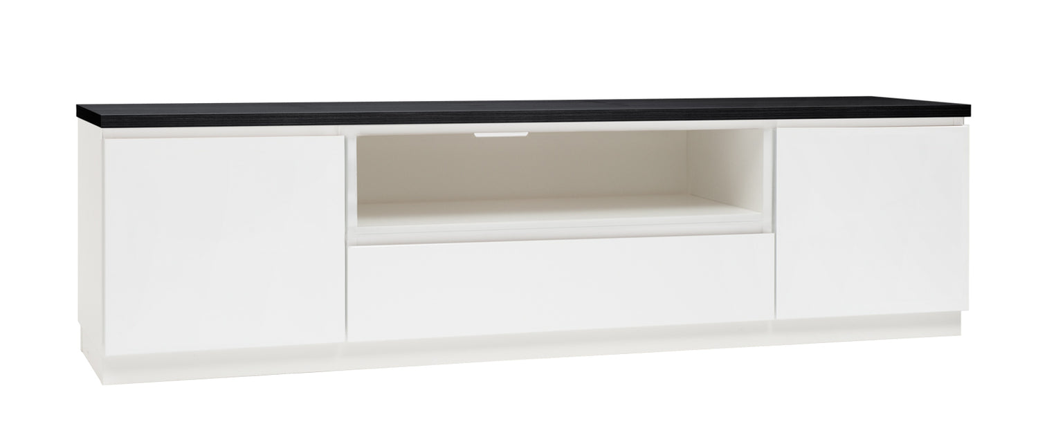 Kuvassa on 184 cm leveä valkoinen Viiva-sarjan tv-taso mustalla kannella ja valkoisella jalkasokkelilla.