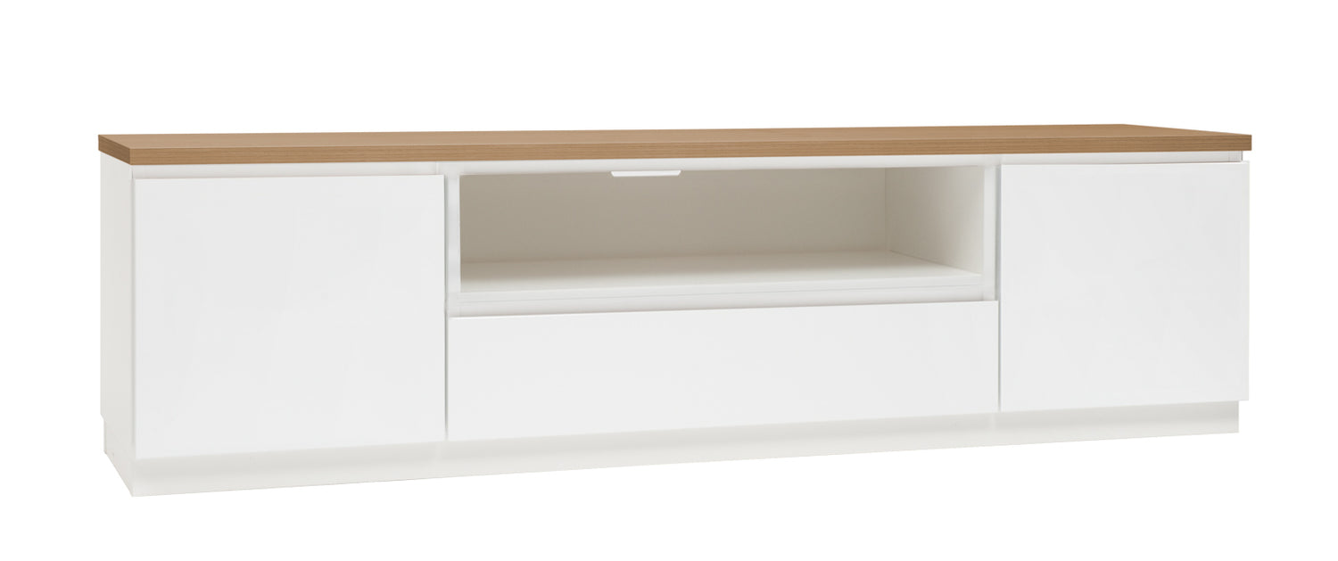Kuvassa on 184 cm leveä valkoinen Viiva-sarjan tv-taso tammenvärisellä kannella ja valkoisella jalkasokkelilla.