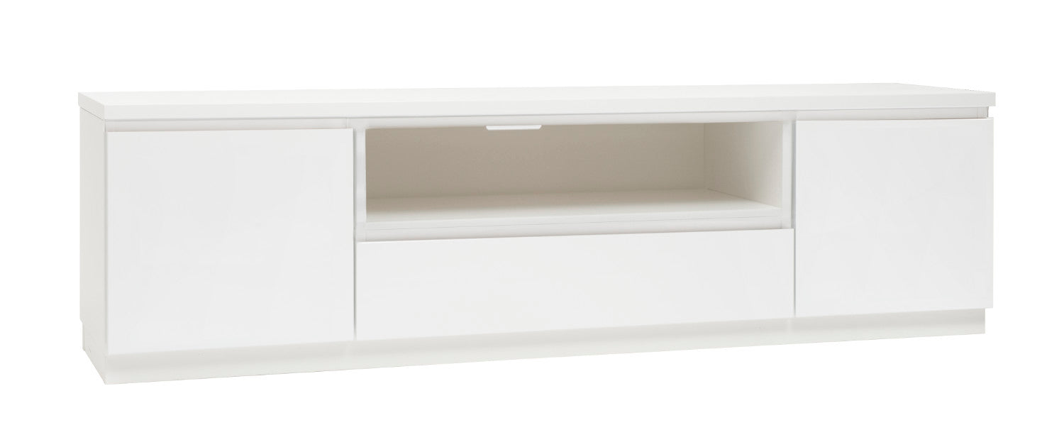 Kuvassa on 184 cm leveä kokovalkoinen Viiva-sarjan tv-taso valkoisella jalkasokkelilla.