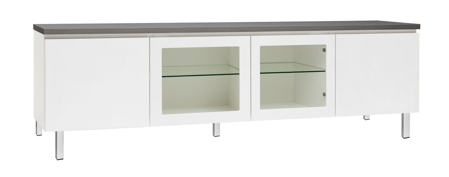 Kuvassa on 184 cm leveä valkoinen Viiva-sarjan tv-taso antrasiitinvärisellä kannella ja valkoisilla metallijaloilla. Kuvasta poiketen tasossa on keskellä yhtenäinen tila ilman väliseinää, 88 cm leveällä lasihyllyllä.