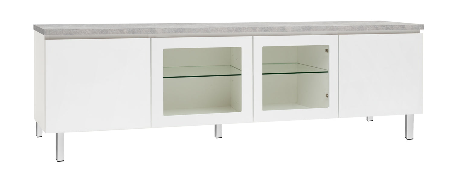 Kuvassa on 184 cm leveä valkoinen Viiva-sarjan tv-taso harmaalla betonijäljitelmän sävyisellä kannella ja valkoisilla metallijaloilla. Kuvasta poiketen tasossa on keskellä yhtenäinen tila ilman väliseinää, 88 cm leveällä lasihyllyllä.