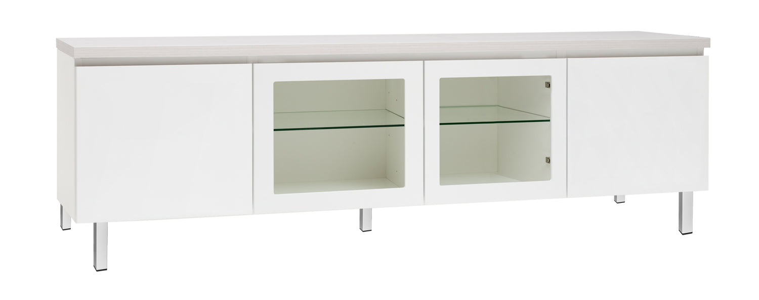 Kuvassa on 184 cm leveä valkoinen Viiva-sarjan tv-taso valkosaarninvärisellä kannella ja valkoisilla metallijaloilla. Kuvasta poiketen tasossa on keskellä yhtenäinen tila ilman väliseinää, 88 cm leveällä lasihyllyllä.