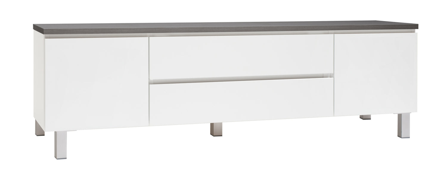 Kuvassa on 184 cm leveä valkoinen Viiva-sarjan tv-taso antrasiitinvärisellä kannella ja hopeanvärisillä alumiinijaloilla.