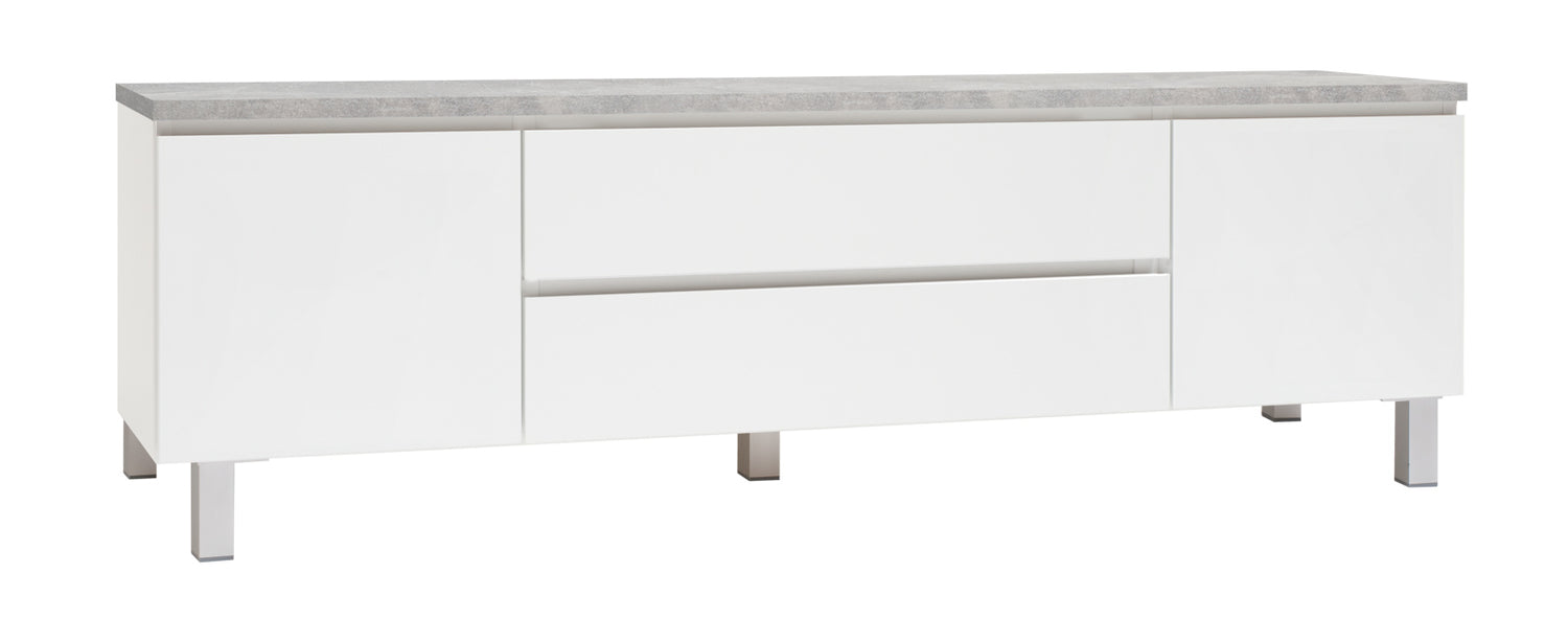 Kuvassa on 184 cm leveä valkoinen Viiva-sarjan tv-taso harmaalla betonijäljitelmän sävyisellä kansilevyllä ja hopeanvärisillä alumiinijaloilla.