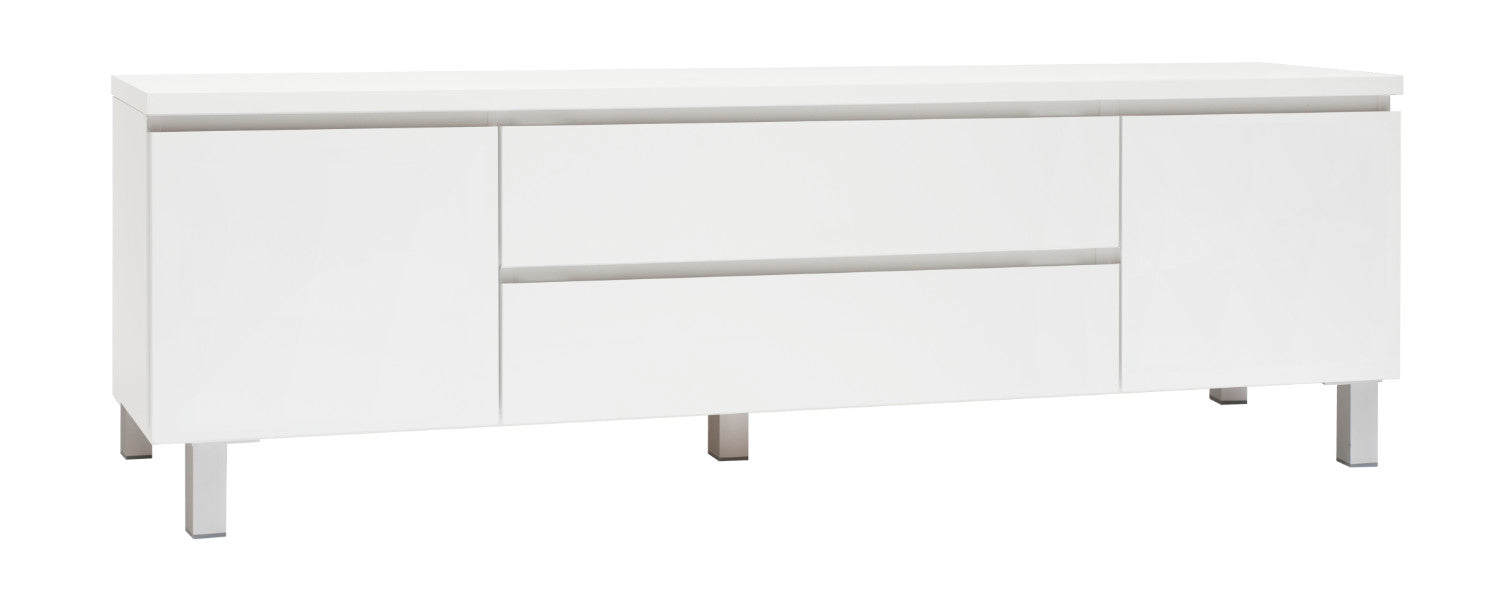 Kuvassa on 184 cm leveä kokovalkoinen Viiva-sarjan tv-taso hopeanvärisillä alumiinijaloilla.