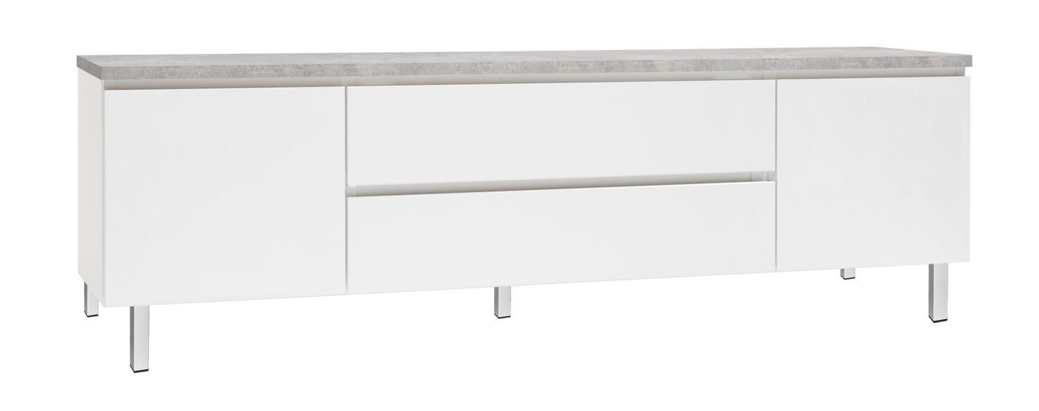 Kuvassa on 184 cm leveä valkoinen Viiva-sarjan tv-taso harmaalla betonijäljitelmän sävyisellä kansilevyllä ja valkoisilla metallijaloilla.