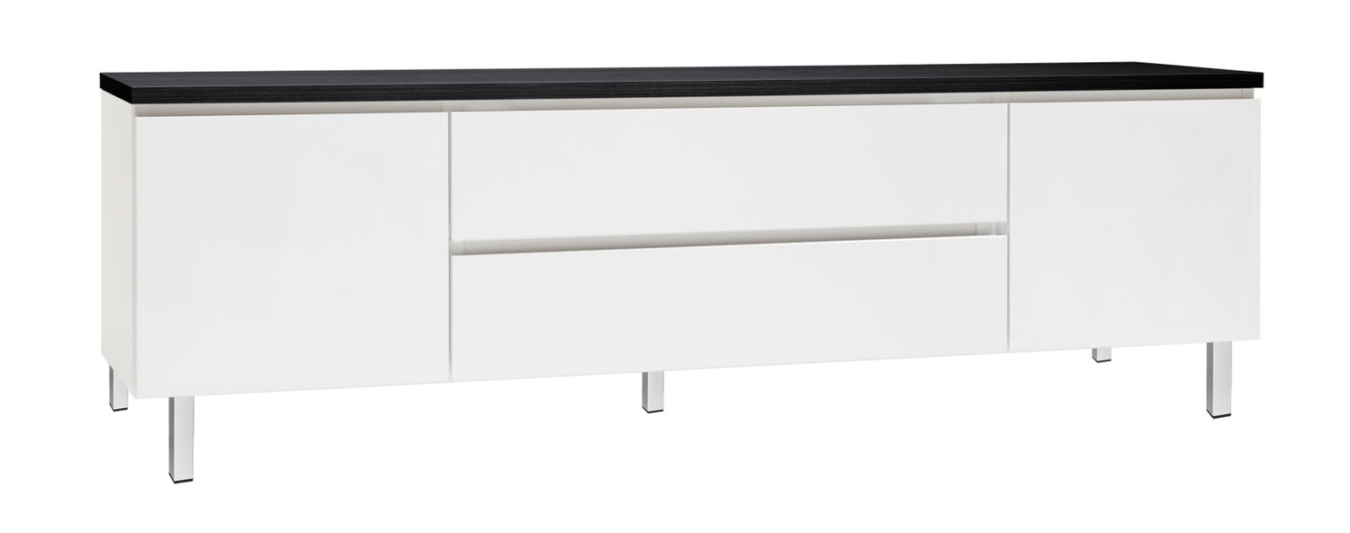 Kuvassa on 184 cm leveä valkoinen Viiva-sarjan tv-taso mustalla kansilevyllä ja valkoisilla metallijaloilla.