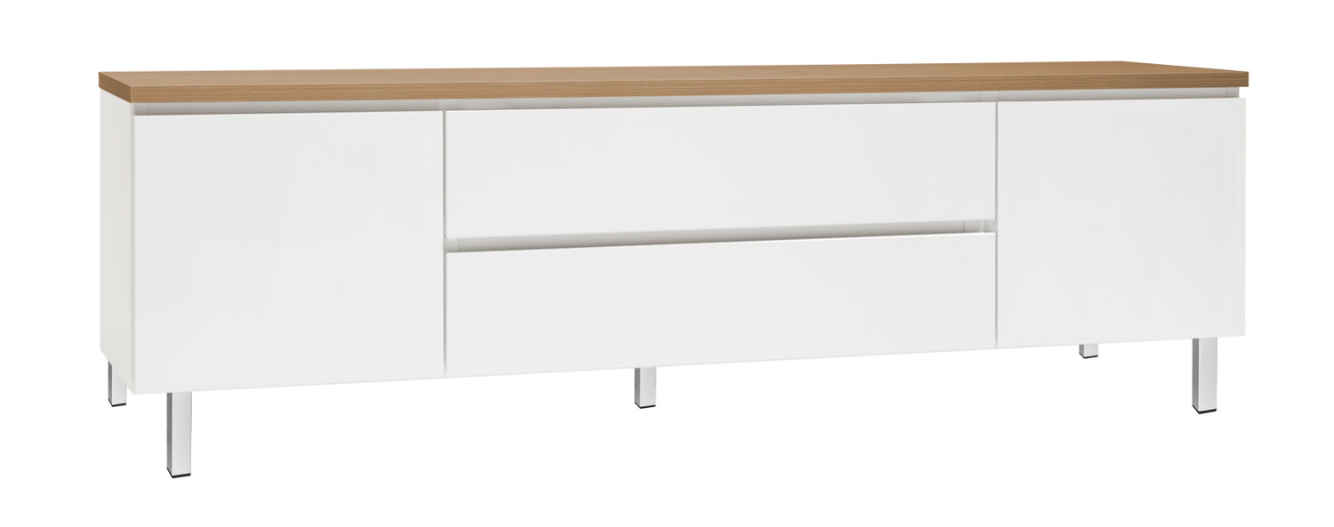 Kuvassa on 184 cm leveä valkoinen Viiva-sarjan tv-taso tammenvärisellä kansilevyllä ja valkoisilla metallijaloilla.