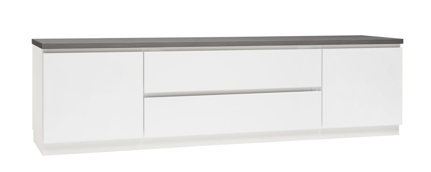 Kuvassa on 184 cm leveä valkoinen Viiva-sarjan tv-taso antrasiitinvärisellä kannella ja valkoisella jalkasokkelilla.