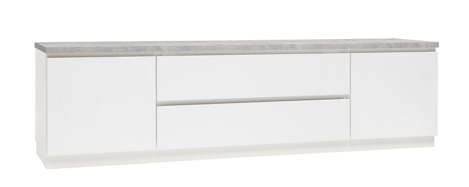 Kuvassa on 184 cm leveä valkoinen Viiva-sarjan tv-taso harmaalla betonijäljitelmän sävyisellä kansilevyllä ja valkoisella jalkasokkelilla.