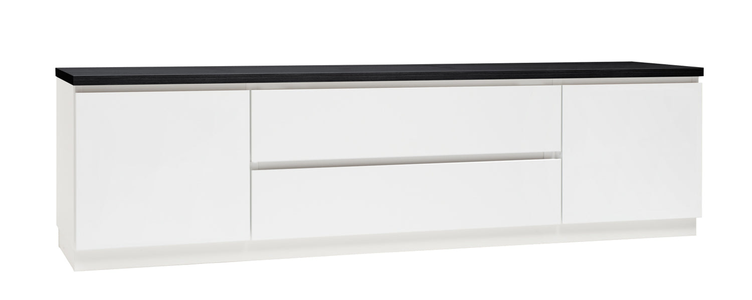 Kuvassa on 184 cm leveä valkoinen Viiva-sarjan tv-taso mustalla kansilevyllä ja valkoisella jalkasokkelilla.