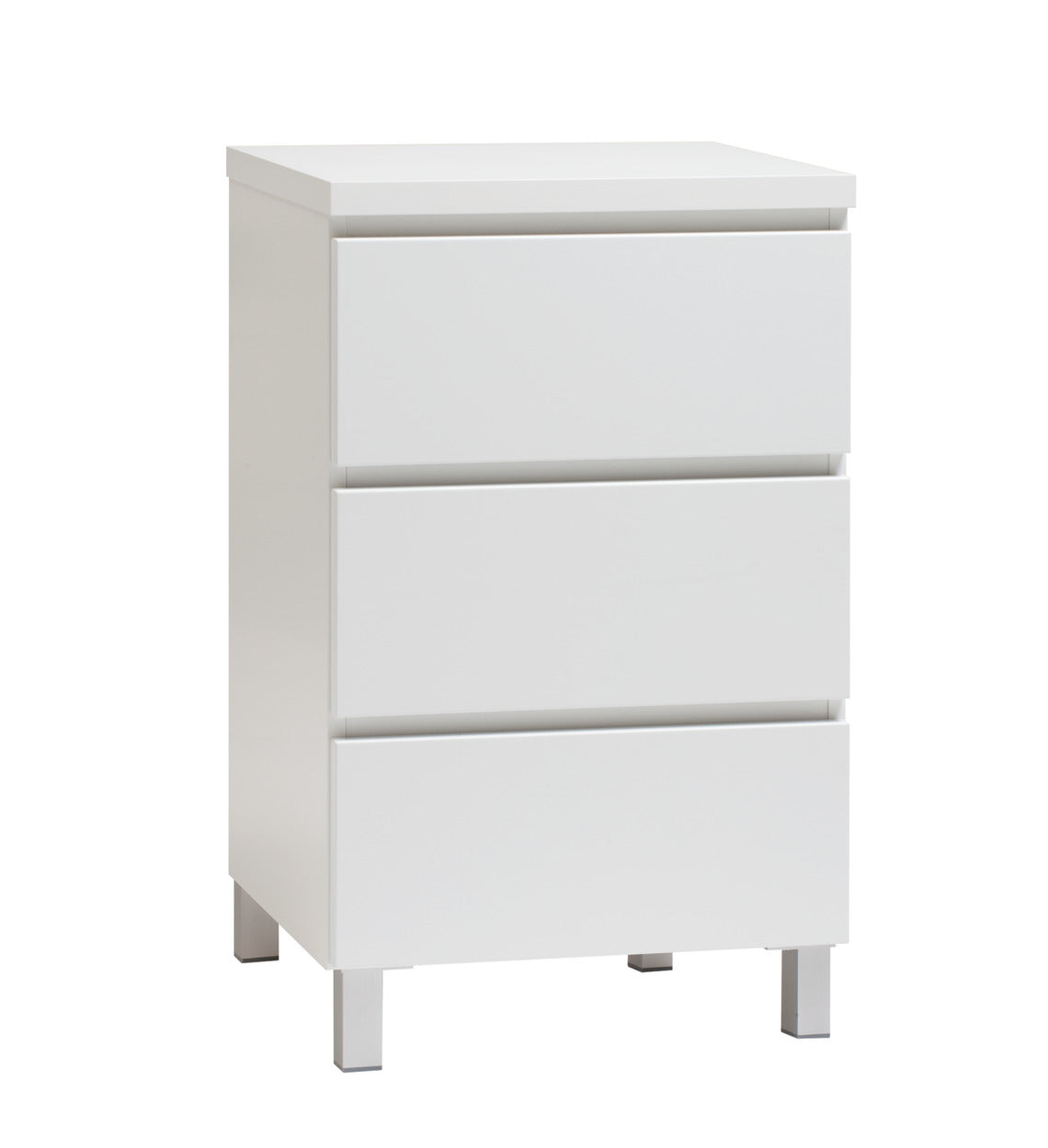 Kuvassa on 46 cm leveä kokovalkoinen Viiva-lipasto hopeanvärisillä alumiinijaloilla.