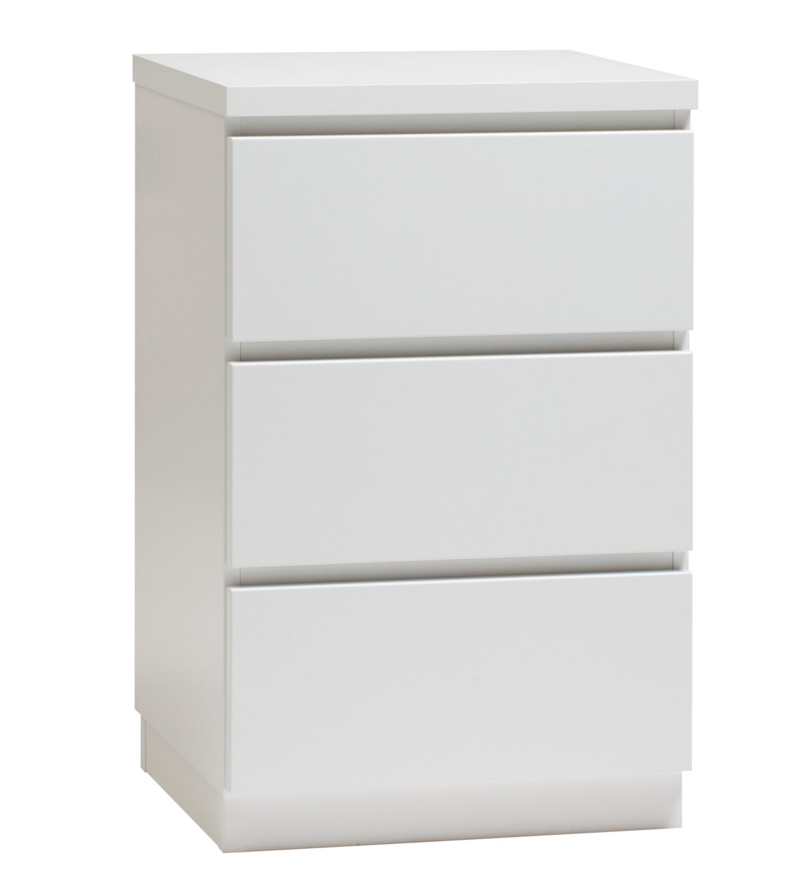 Kuvassa on 46 cm leveä kokovalkoinen Viiva-lipasto valkoisella jalkasokkelilla.