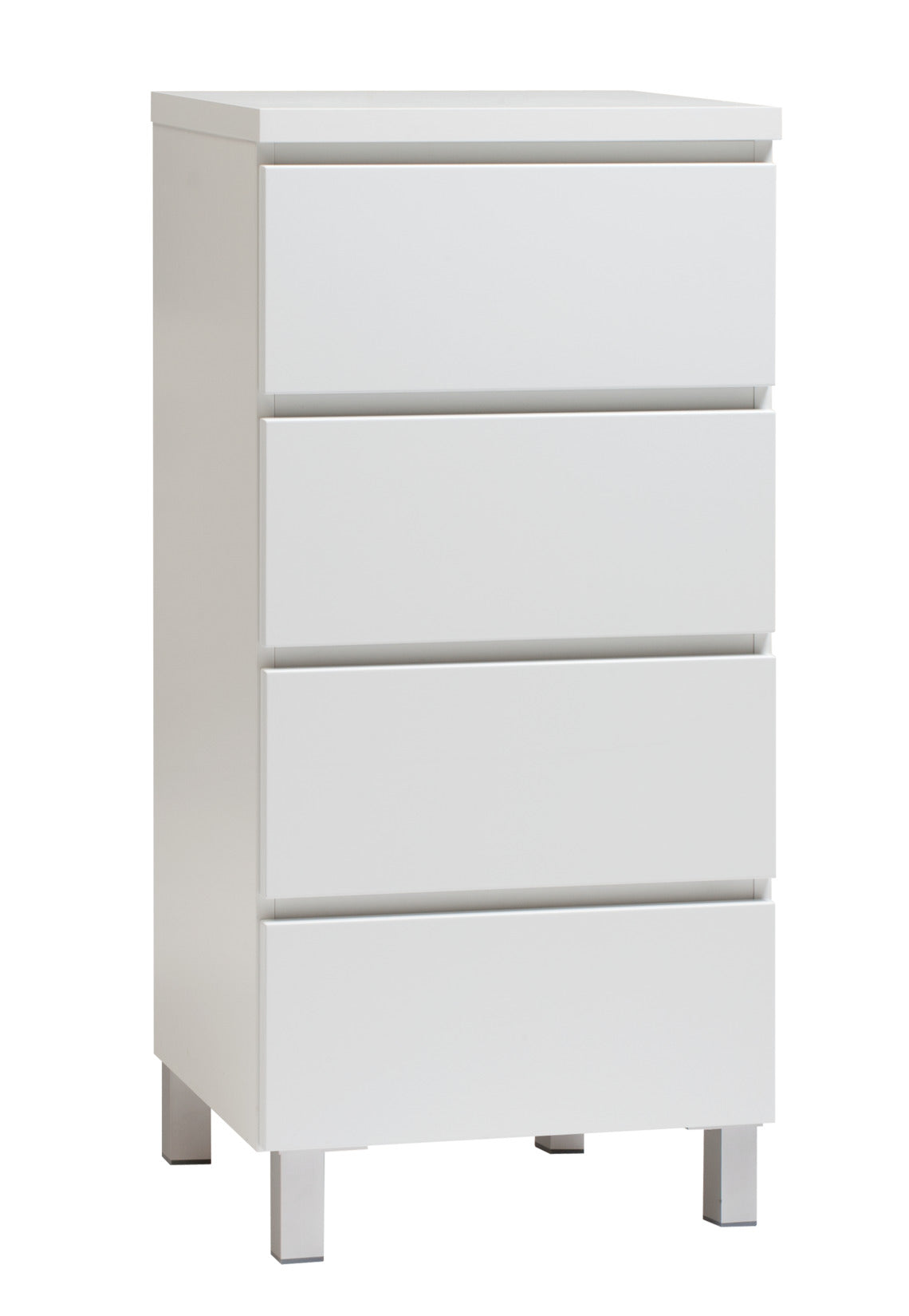 Kuvassa on 46 cm leveä kokovalkoinen Viiva-lipasto hopeanvärisillä alumiinijaloilla.