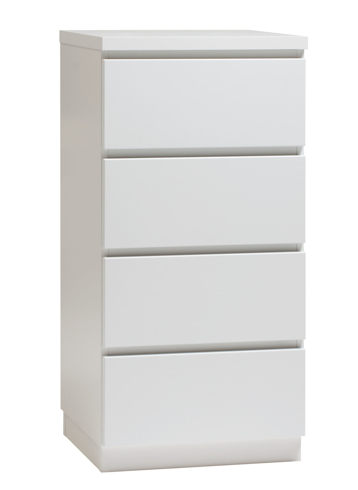 Kuvassa on 46 cm leveä kokovalkoinen Viiva-laatikosto valkoisella jalkasokkelilla.