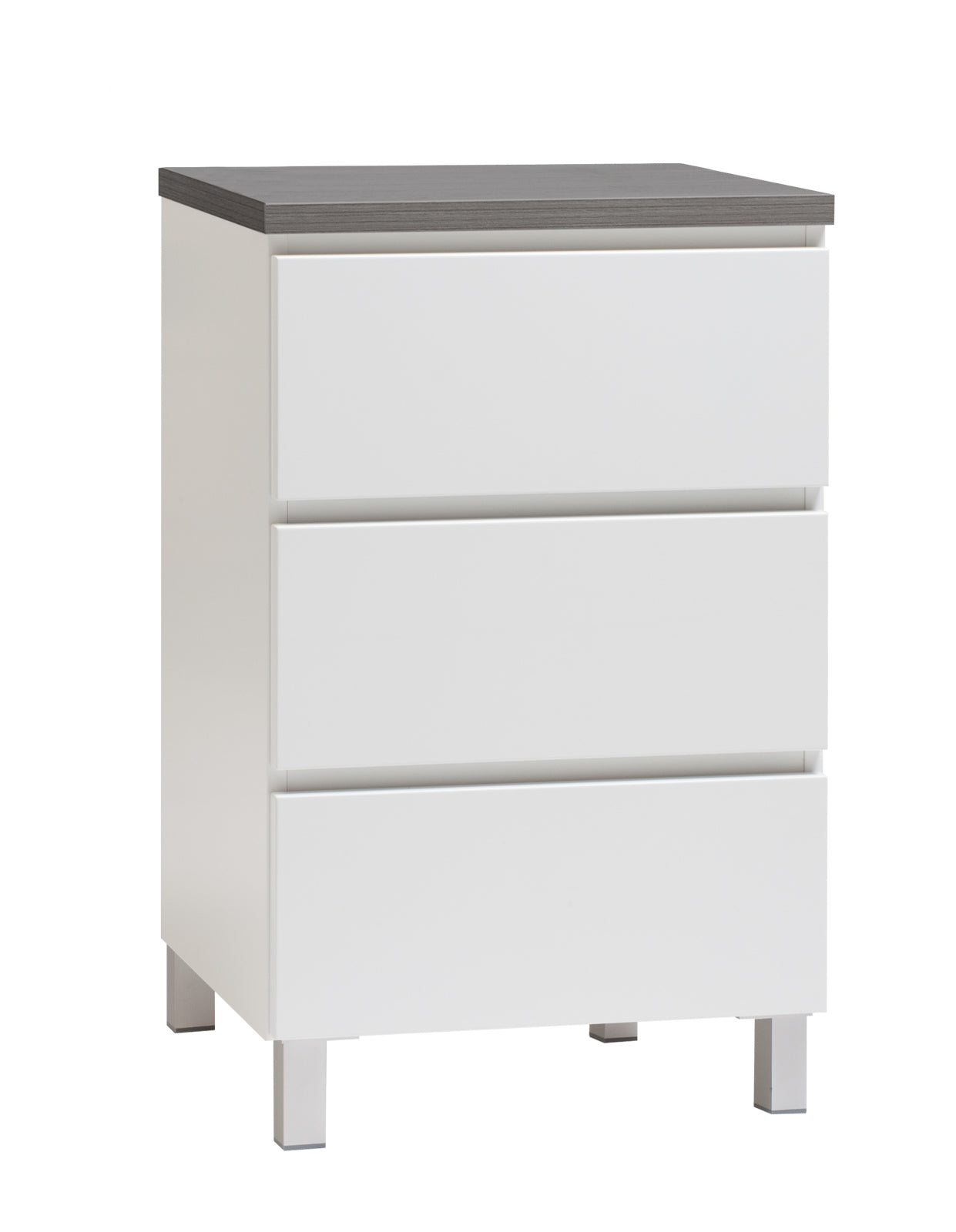 Kuvassa on 46 cm leveä valkoinen Viiva-lipasto antrasiitinvärisellä kannella ja hopeanvärisillä alumiinijaloilla.