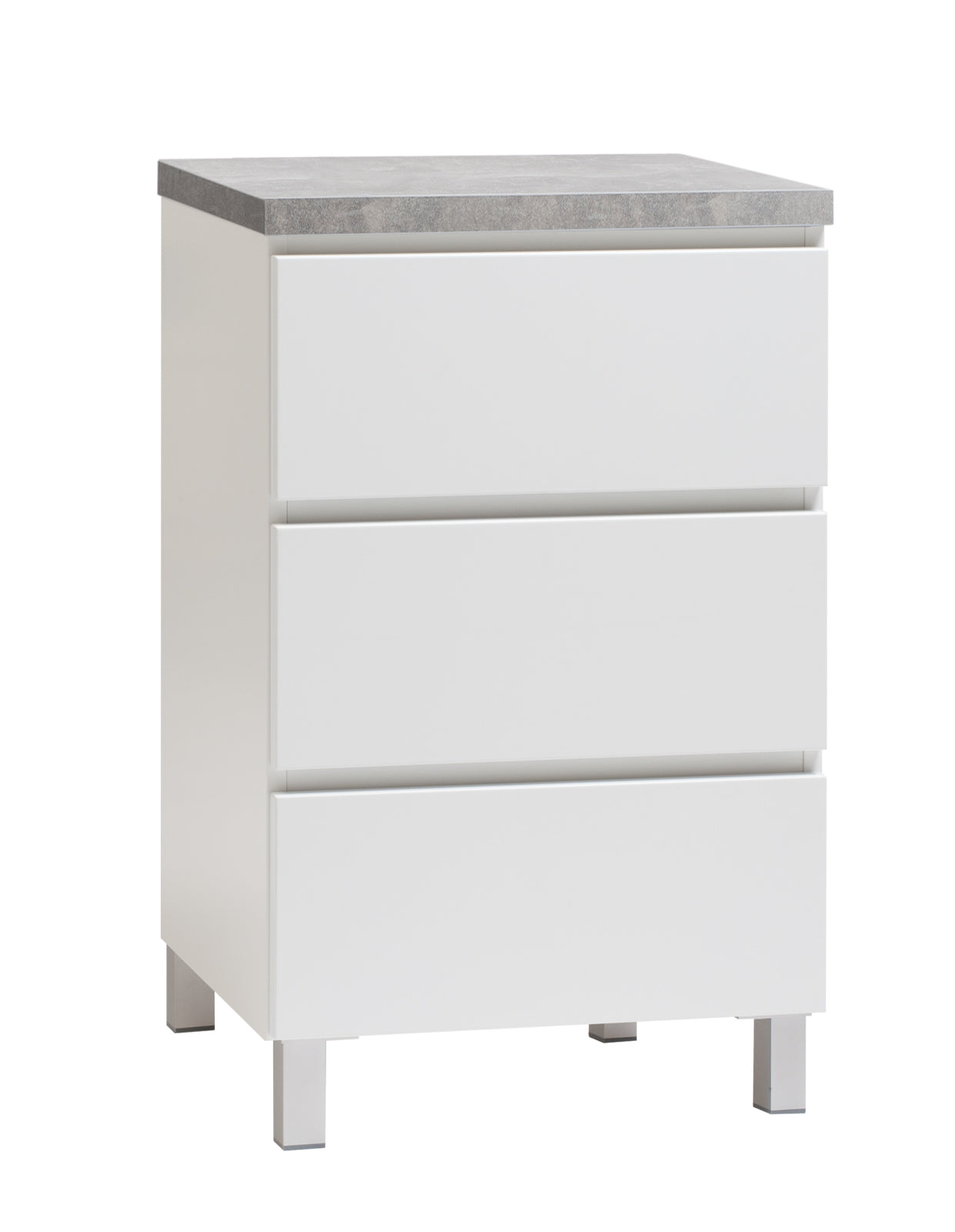 Kuvassa on 46 cm leveä valkoinen Viiva-lipasto harmaalla betonijäljitelmän sävyisellä kannella ja hopeanvärisillä alumiinijaloilla.