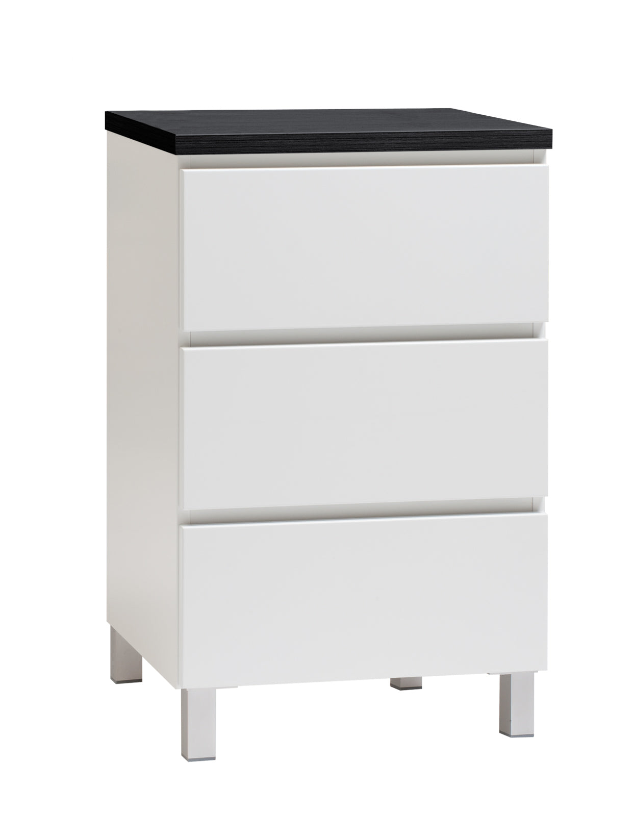 Kuvassa on 46 cm leveä valkoinen Viiva-lipasto mustalla kannella ja hopeanvärisillä alumiinijaloilla.