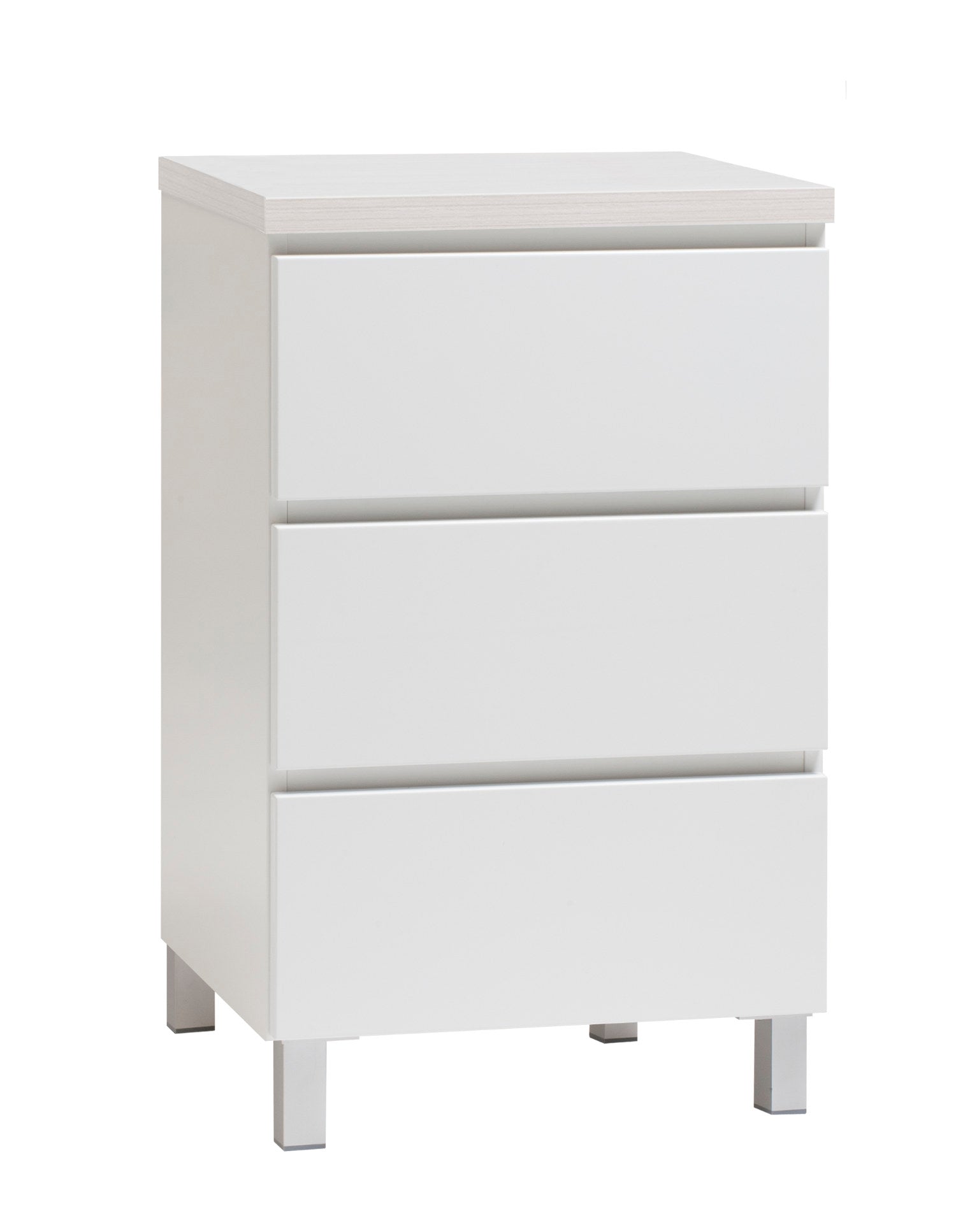 Kuvassa on 46 cm leveä valkoinen Viiva-lipasto valkosaarninvärisellä kannella ja hopeanvärisillä alumiinijaloilla.